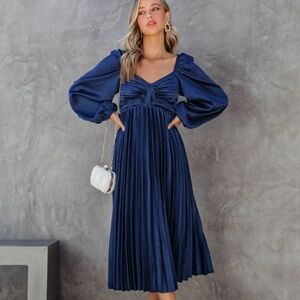VICI Navy Blue Midi Dress Small S Satin Silk NWOT Midi Maxi Pleated Corset